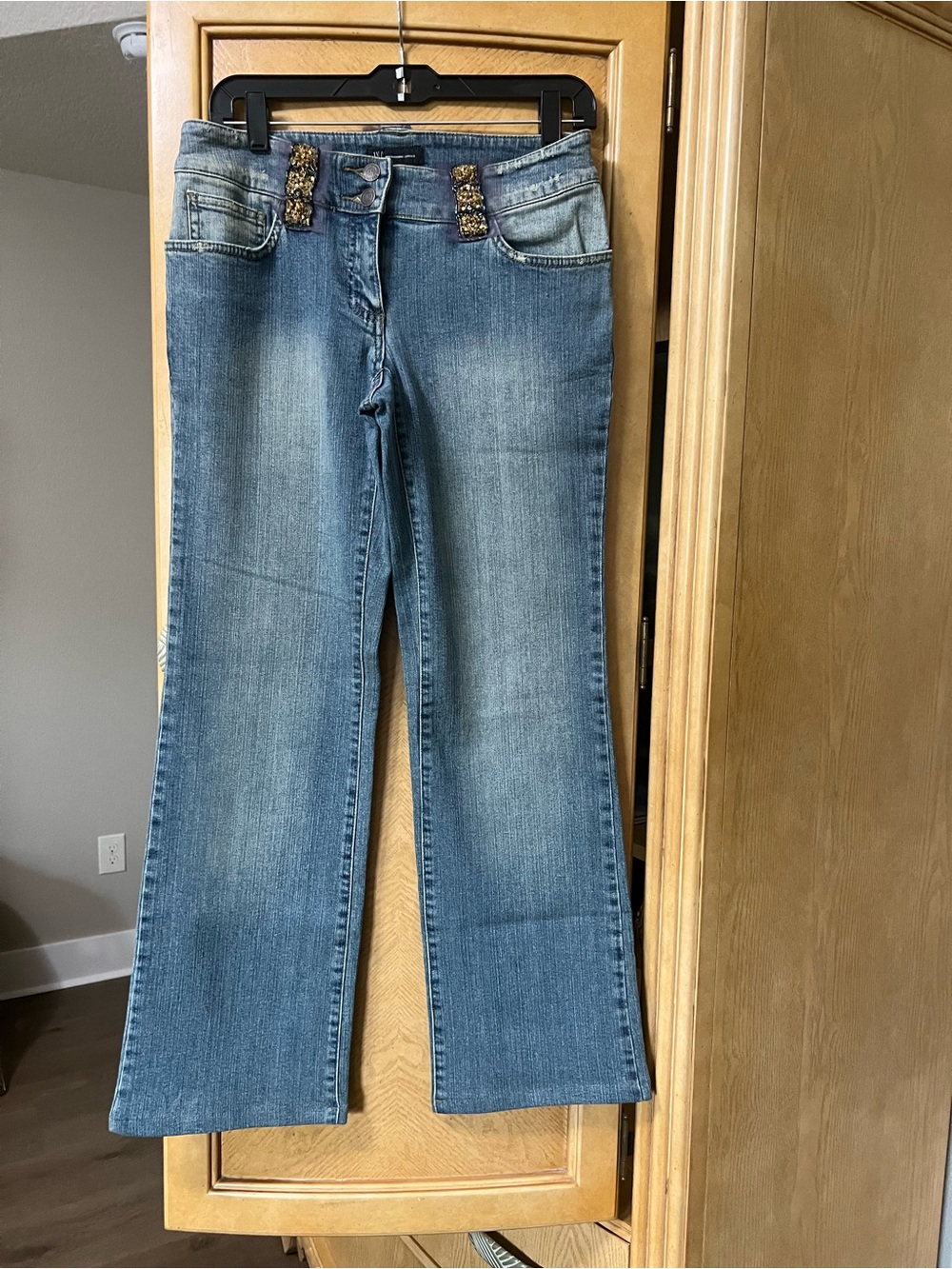 INC International Concepts stretchy Blue Flare Jeans widewith Beaded Waist Detai